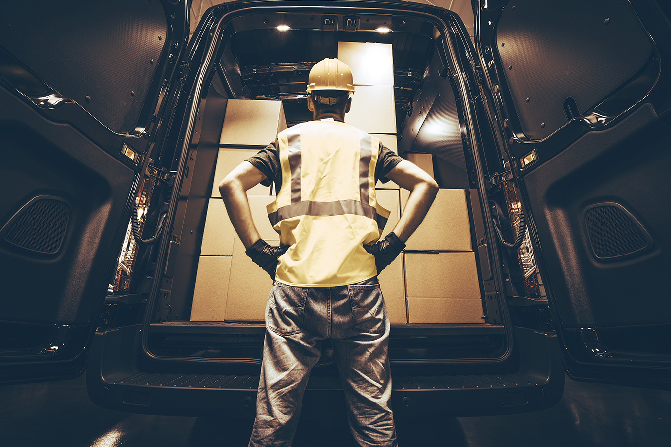 A man unloading boxes from a van.